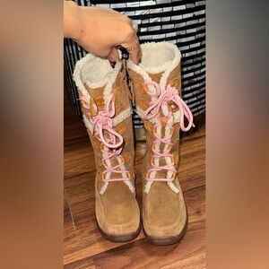 Timberland Brown Leather Tall Winter Boots Wool Lined Girls Size 2.5